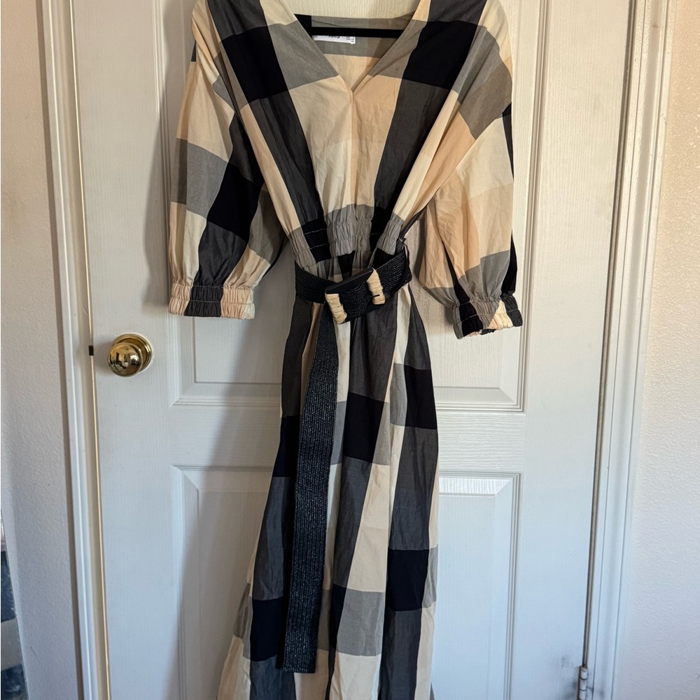 Mango Checkered Long Sleeve Dress - Black and Cream